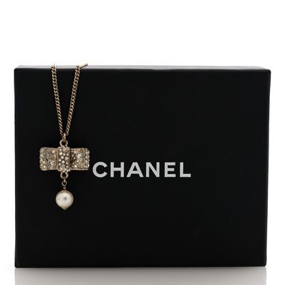 Chanel Metal Crystal Pearl CC Bow Necklace Gold 6 of 6