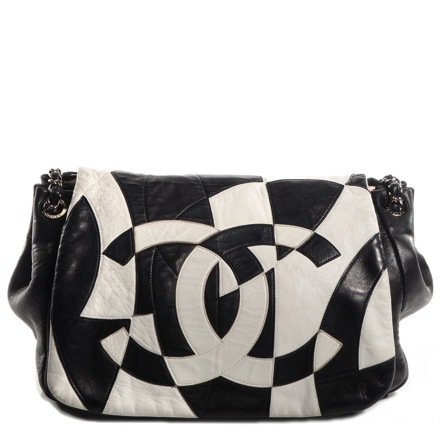 Lambskin Patchwork Accordion Flap Black White