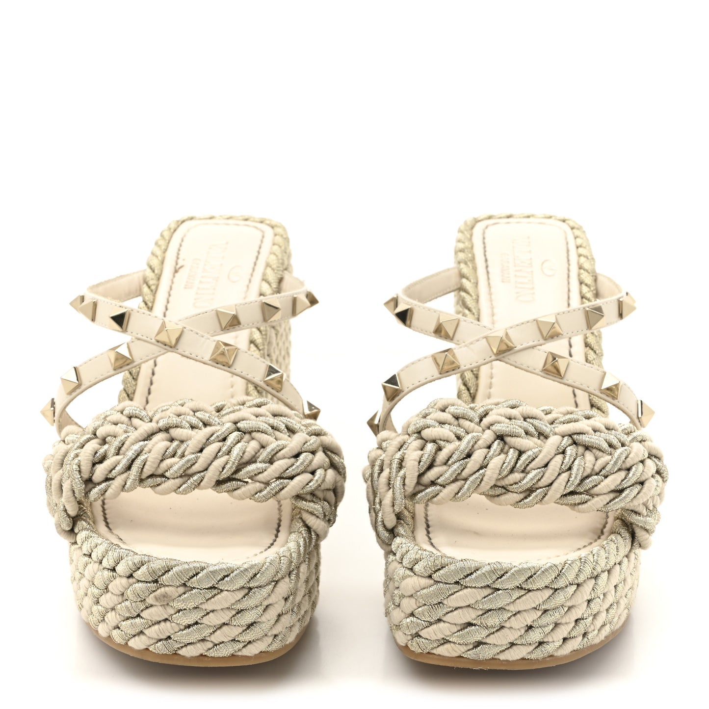 Calfskin Silk Rockstud Torchon Espadrille Wedge 25/95mm Slide Sandals 37 Light Ivory