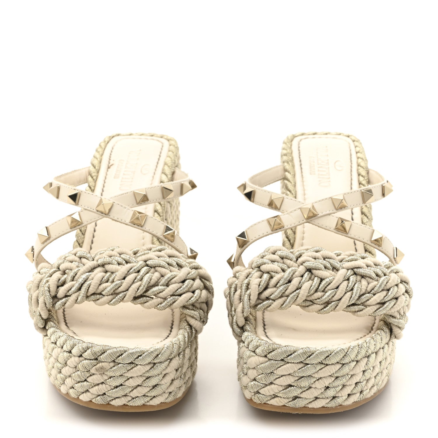 Valentino Garavani Calfskin Silk Rockstud Torchon Espadrille Wedge 25/95mm Slide Sandals 37 Light Ivory 3 of 12