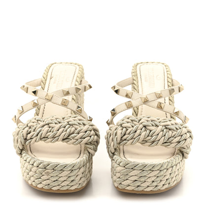 Valentino Garavani Calfskin Silk Rockstud Torchon Espadrille Wedge 25/95mm Slide Sandals 37 Light Ivory 3 of 12