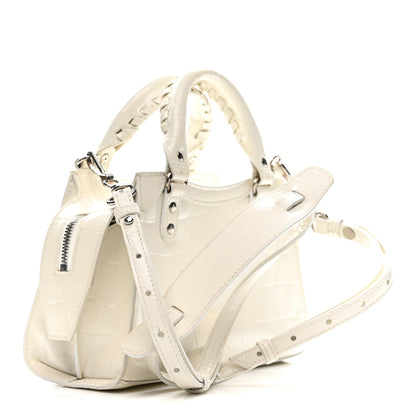 Balenciaga Semi Shiny Calfskin Crocodile Embossed Neo Classic Silver Hardware Mini City White 3 of 14