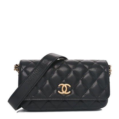 Chanel Caviar Quilted Yours Buttons Phone Holder With Chain Black 1 of 12