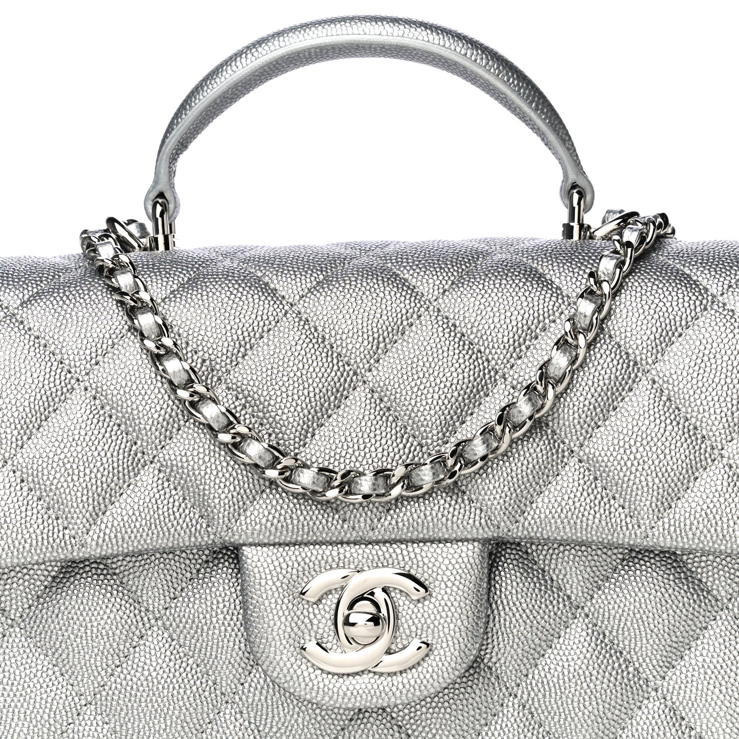 Metallic Caviar Quilted Mini Top Handle Rectangular Flap Silver