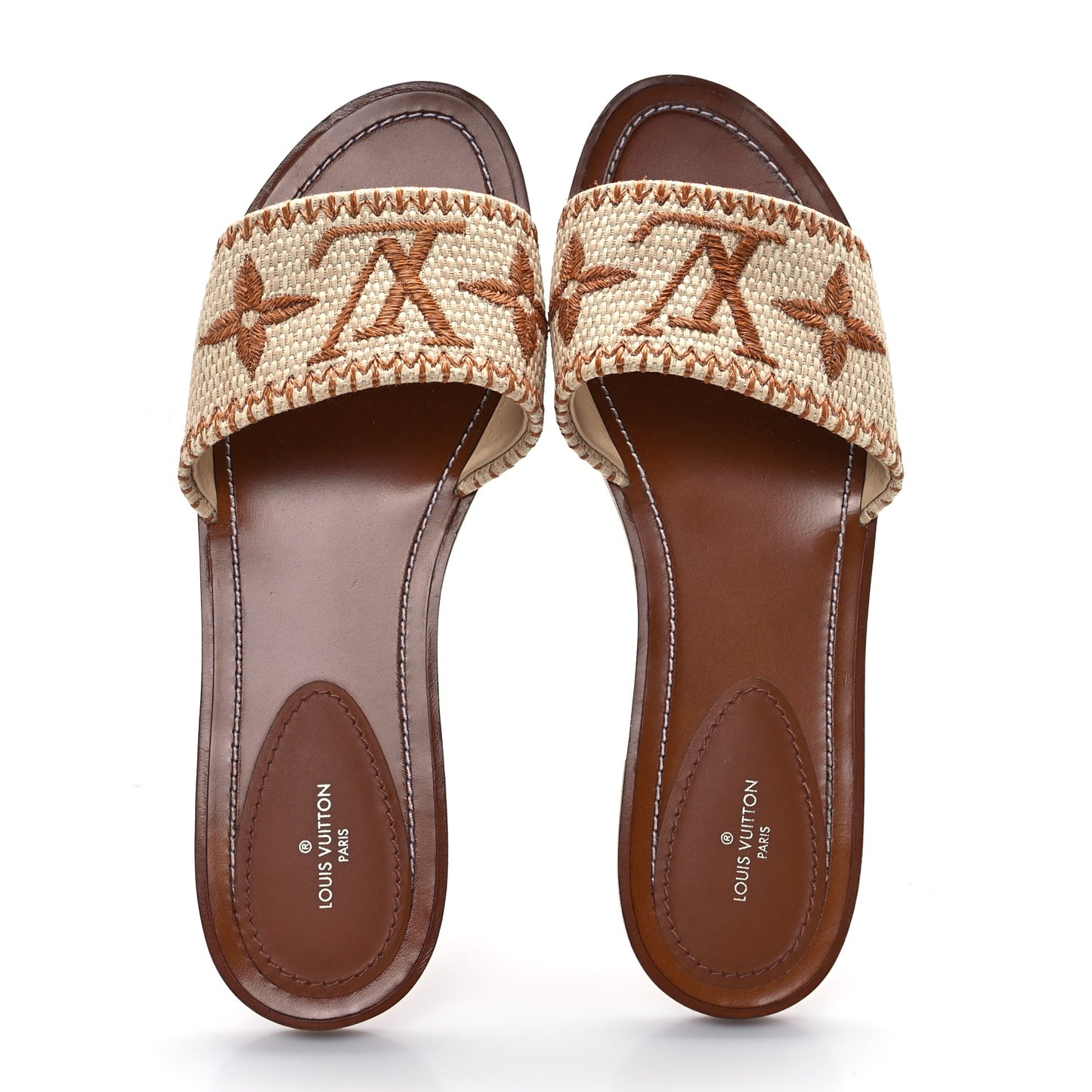 Raffia Calfskin Monogram Lock It Flat Mules 39.5 Cognac Brown