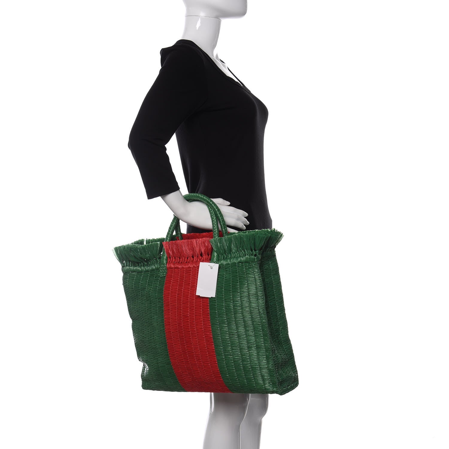 Gucci Raffia Linen Web Cestino Tote Bag Red Green 2 of 10