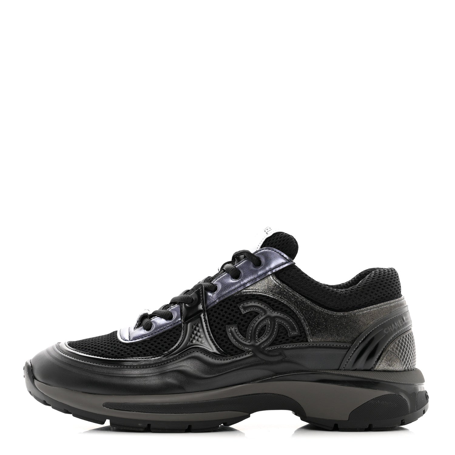 Chanel Fabric Laminated Calfskin Stretch CC Womens Sneakers 41 Black 1 of 9