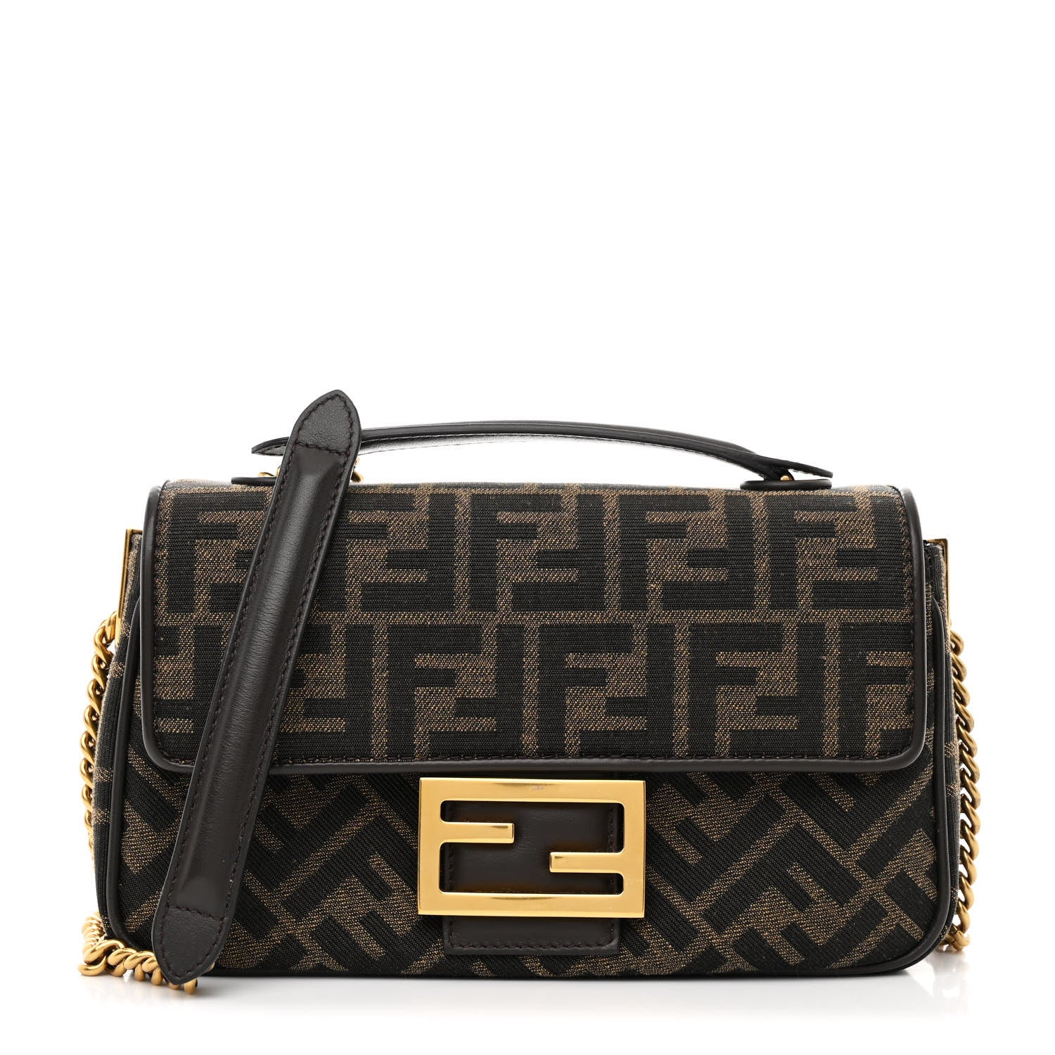Fendi Fabric Jacquard FF 1974 Midi Chain Baguette Tobacco Moro 1 of 10