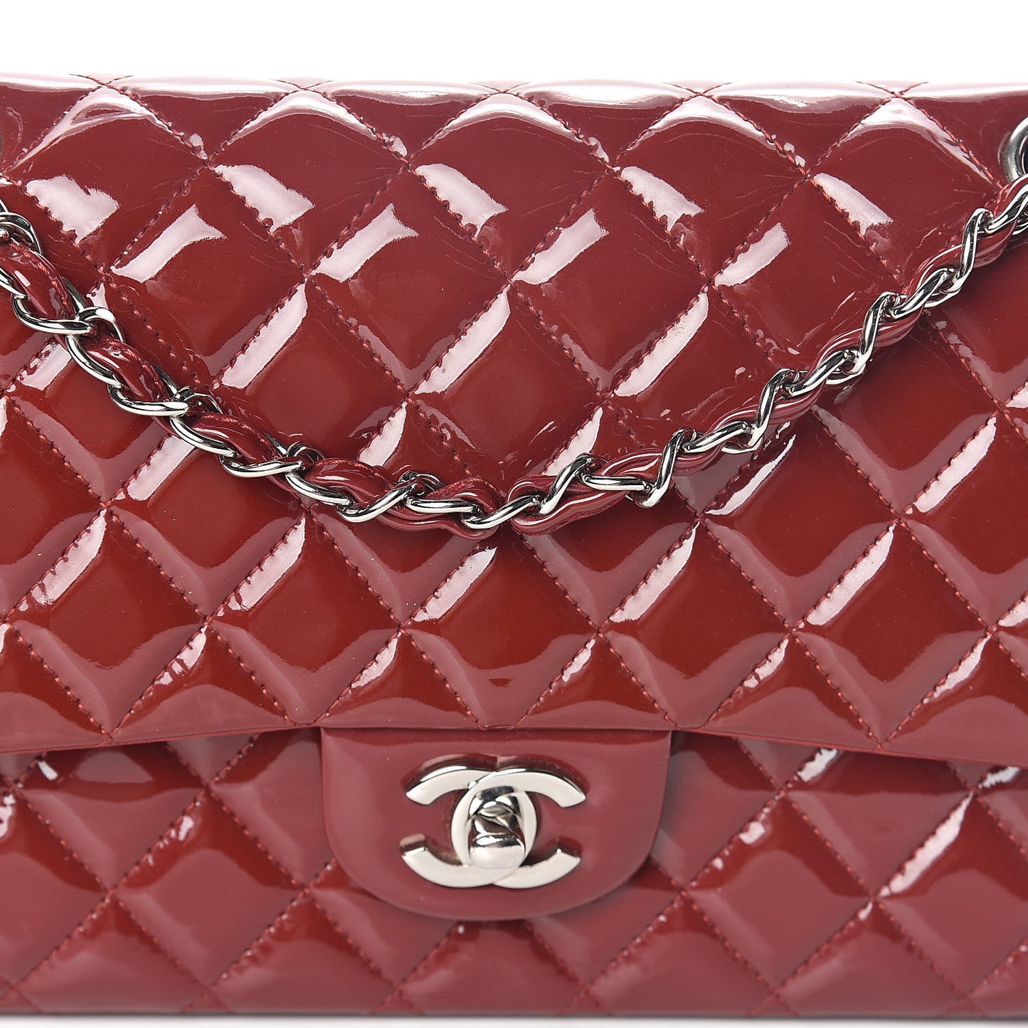 Patent Calfskin Quilted Medium Double Flap Red