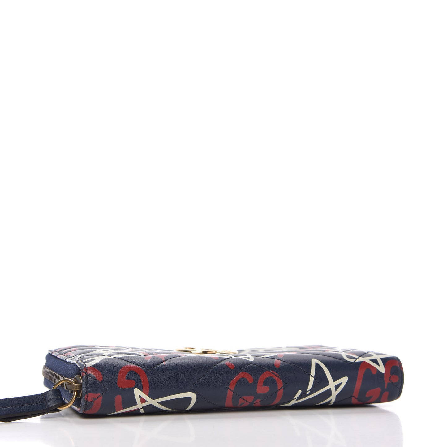 Calfskin Matelasse GucciGhost GG Marmont Zip Around Wallet Blue Agata Hibiscus Red