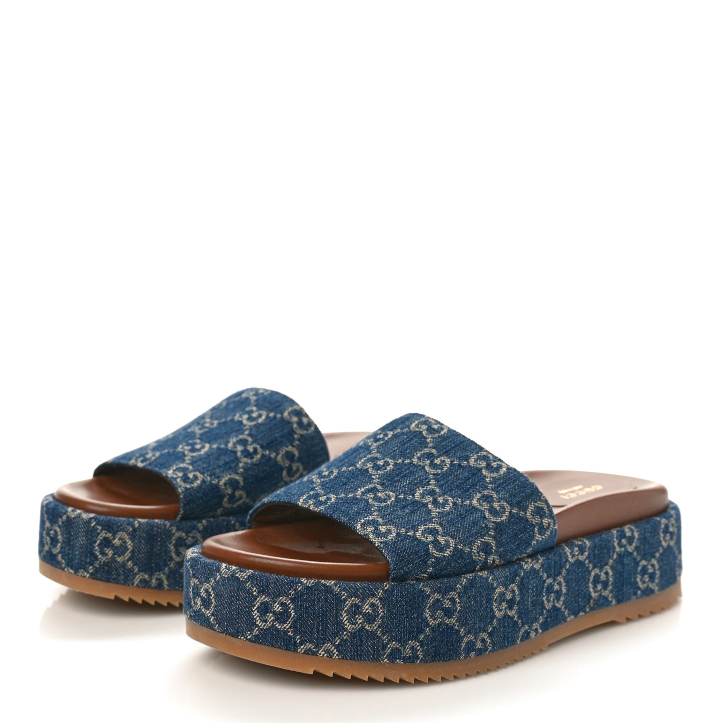New Denim GG Monogram Angelina Platform 55mm Slide Sandals 39 Blue Tea