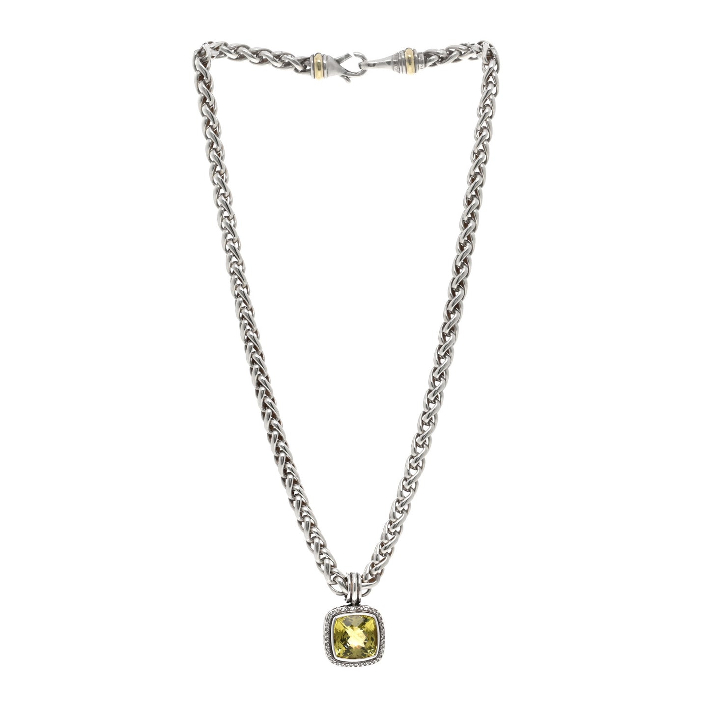 Sterling Silver 14K Yellow Gold Diamond Lemon Citrine Albion Pendant Wheat Chain Necklace