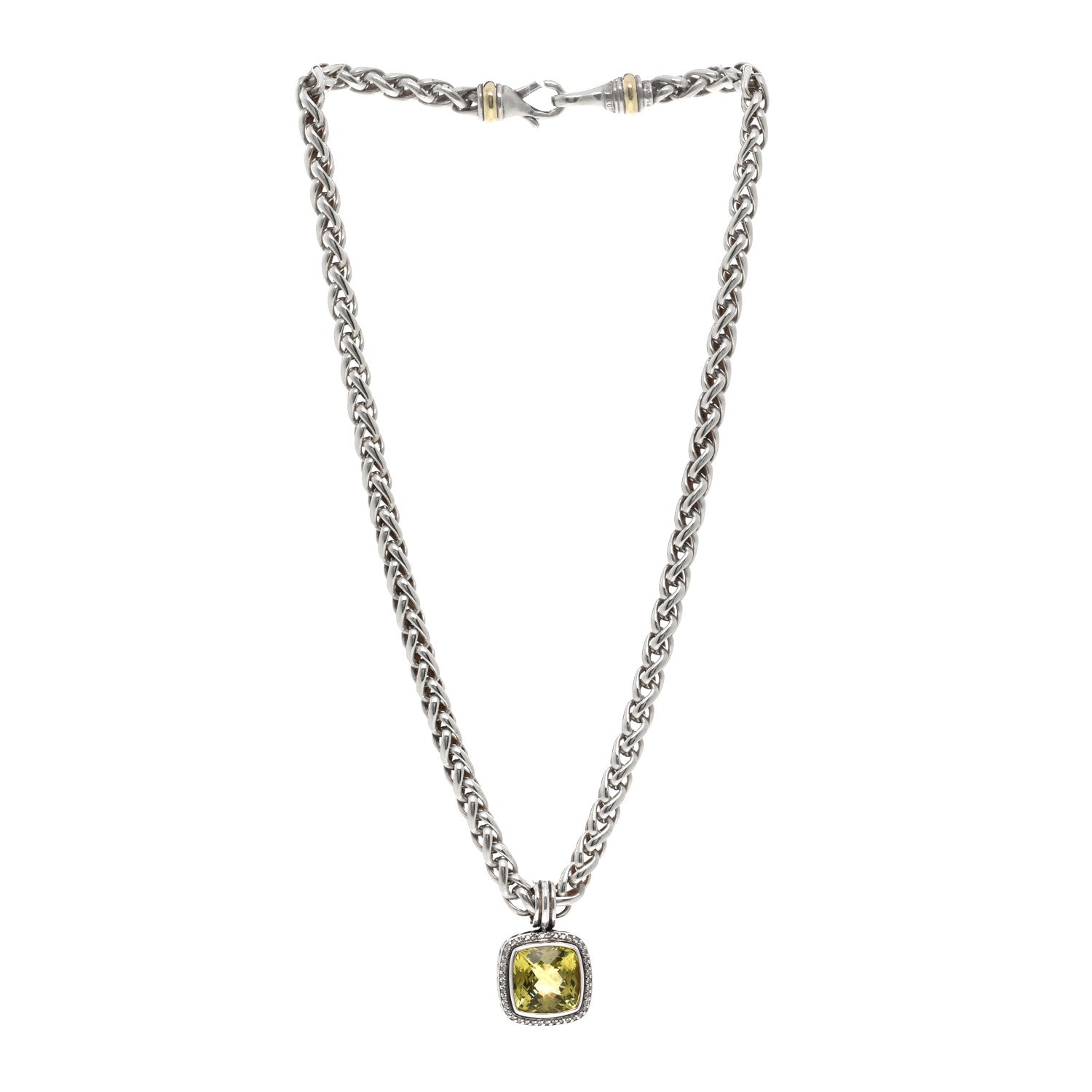 David Yurman Sterling Silver 14K Yellow Gold Diamond Lemon Citrine Albion Pendant Wheat Chain Necklace 3 of 4
