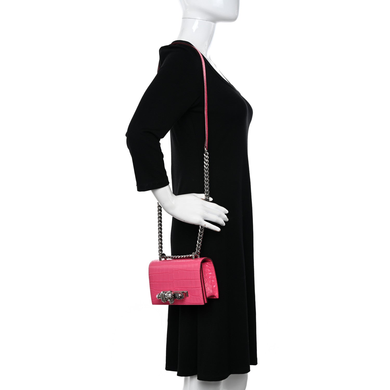 Alexander McQueen Calfskin Crocodile Embossed Knuckle Shoulder Bag Peony Pink 2 of 12