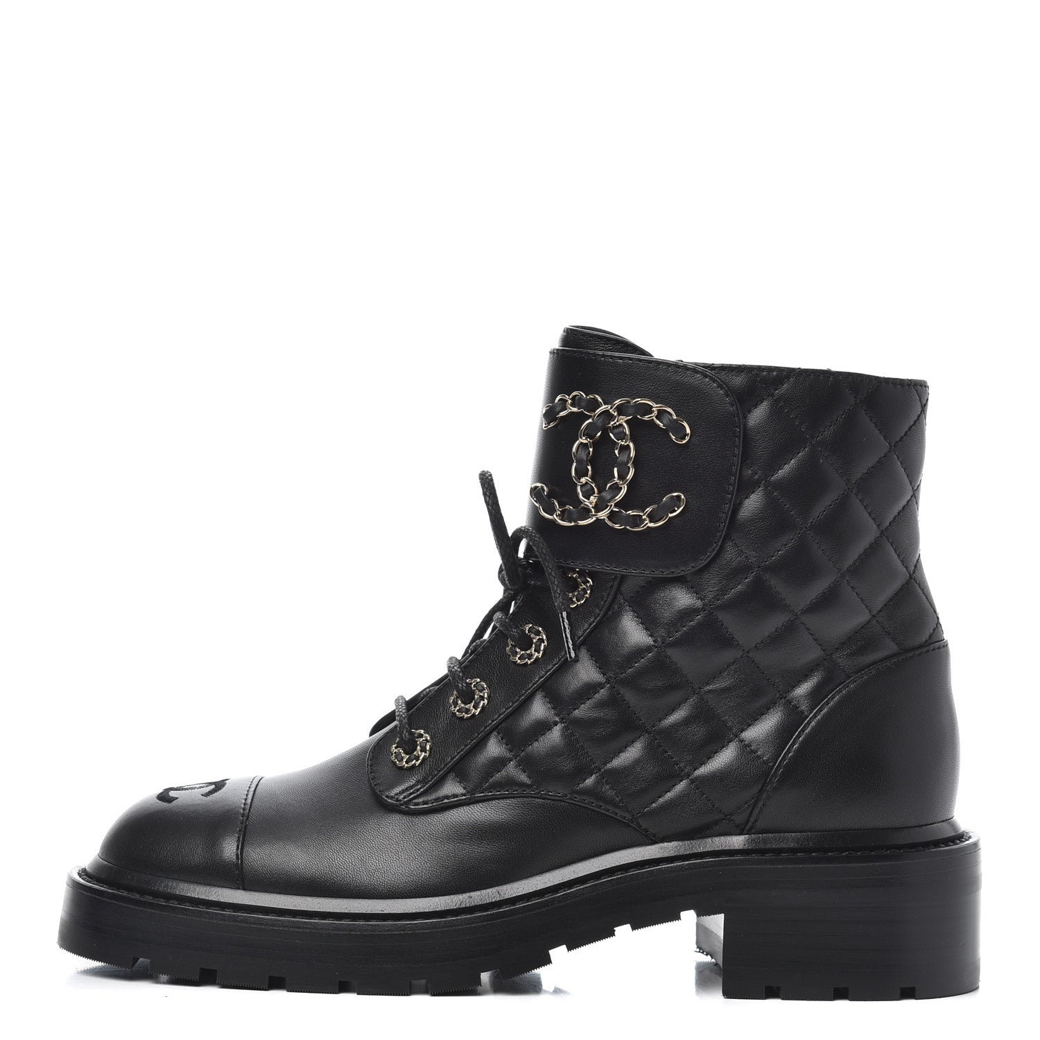 Chanel Shiny Lambskin Quilted Lace Up Combat Boots 38 Black 1 of 11