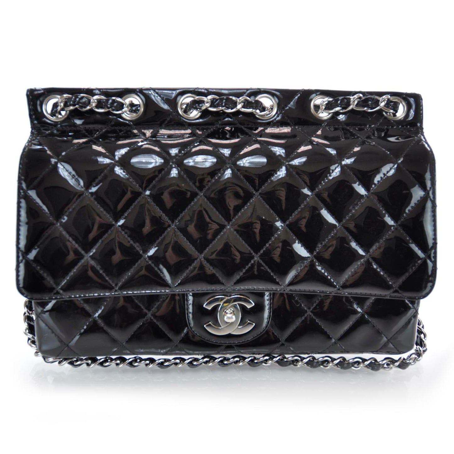 Patent Quilted Flap Bag Black