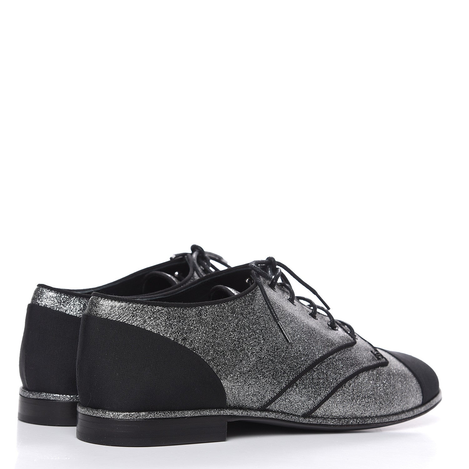 Chanel Glitter Fabric Grosgrain Cap Toe Lace Up Oxfords 37 Black Silver 4 of 9