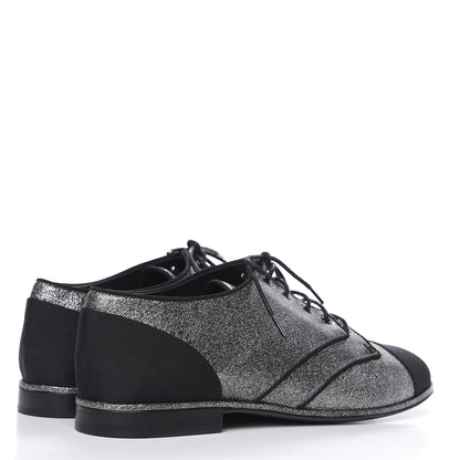 Chanel Glitter Fabric Grosgrain Cap Toe Lace Up Oxfords 37 Black Silver 4 of 9