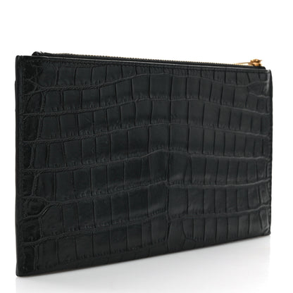 Saint Laurent Calfskin Crocodile Embossed Monogram Bill Pouch Black 3 of 7