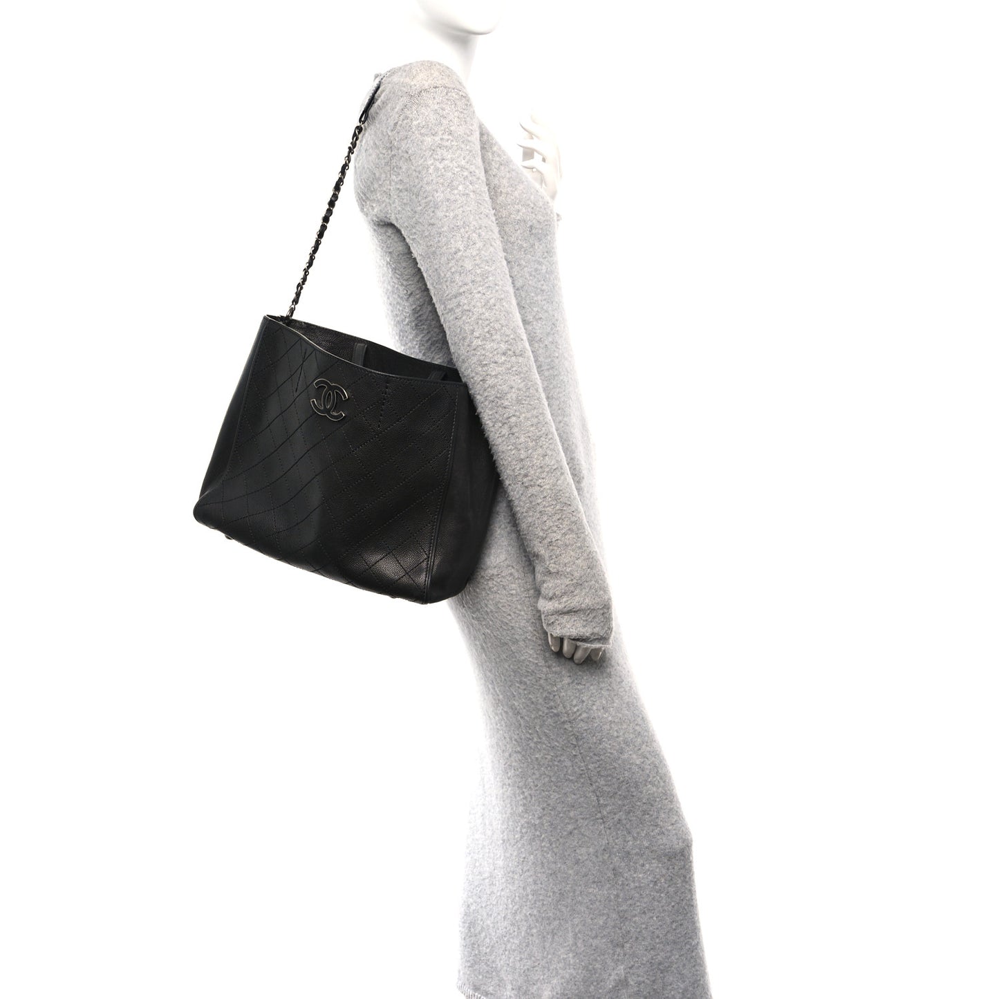Caviar Stitched Large Lady Coco Shopping Tote Black