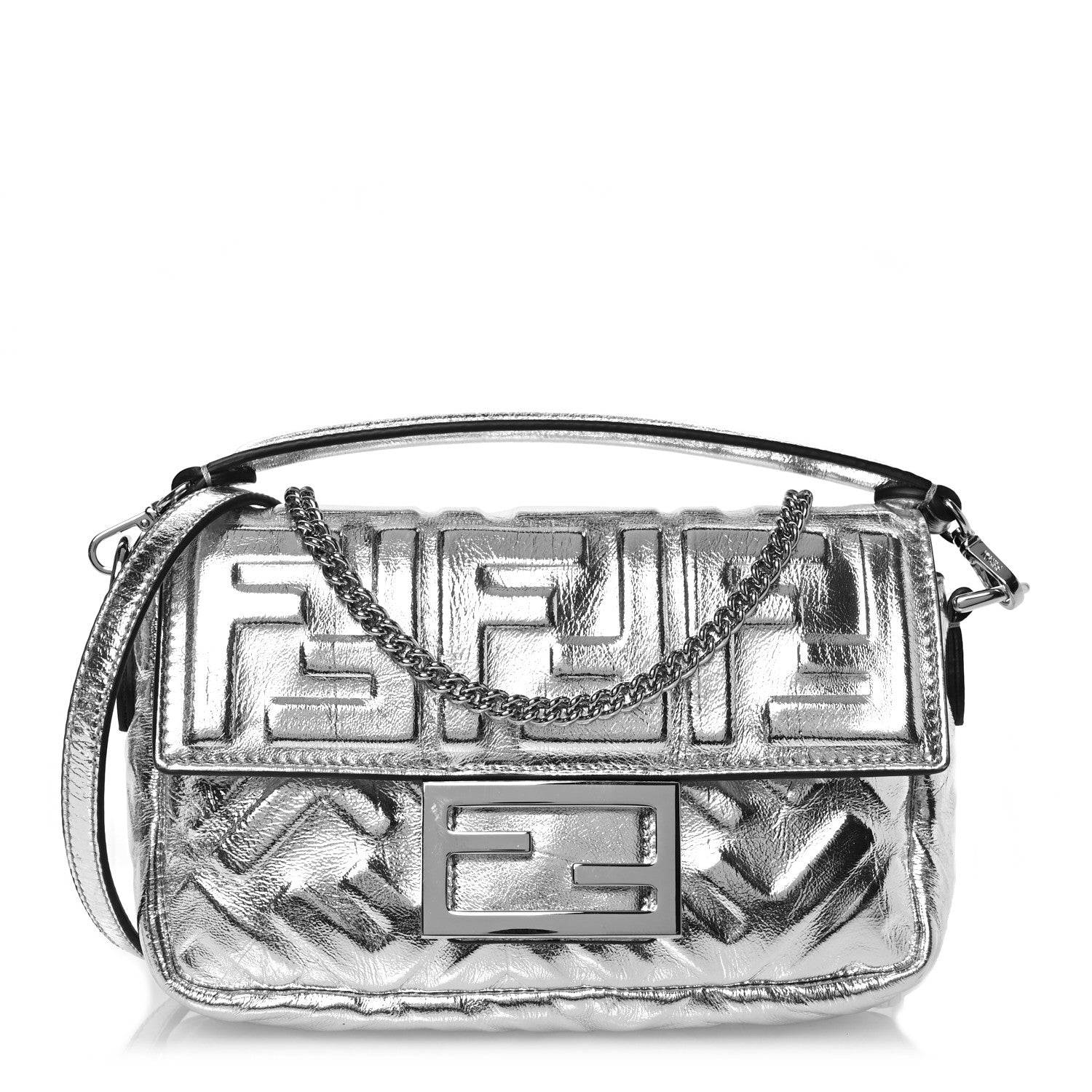 Fendi Vitello Catalan Mirror FF 1974 Embossed Mini Baguette Argento 1 of 9