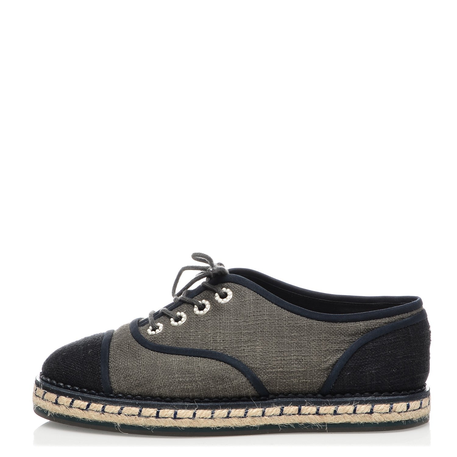 Chanel Cotton Lace Up Espadrilles 37 Dark Green Black 1 of 8