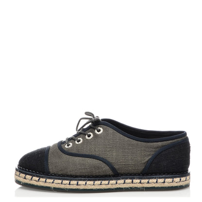 Chanel Cotton Lace Up Espadrilles 37 Dark Green Black 1 of 8