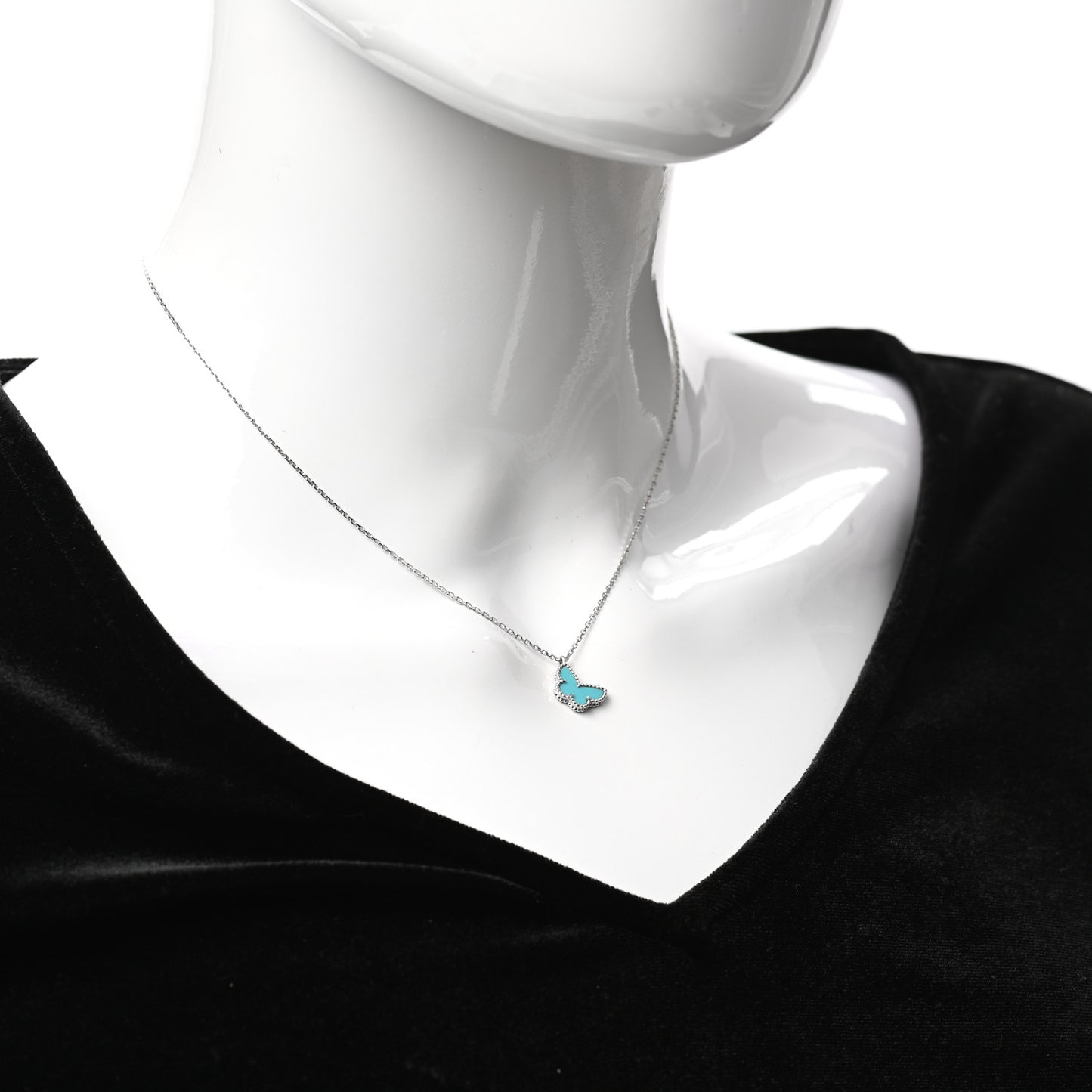 18K White Gold Turquoise Sweet Alhambra Butterfly Pendant Necklace