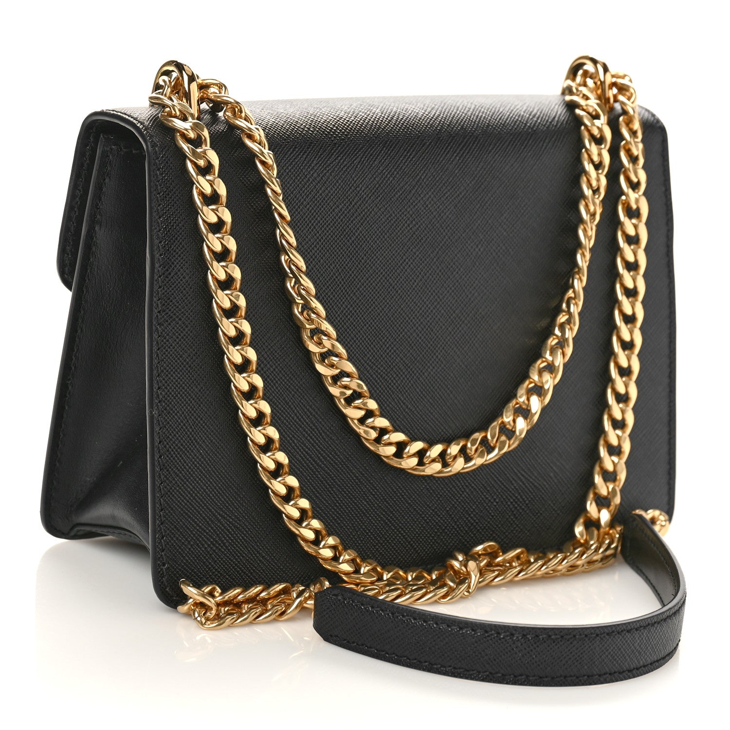 Prada Saffiano Soft Calfskin Metal Triangle Logo Envelope Chain Shoulder Bag Black 2 of 8