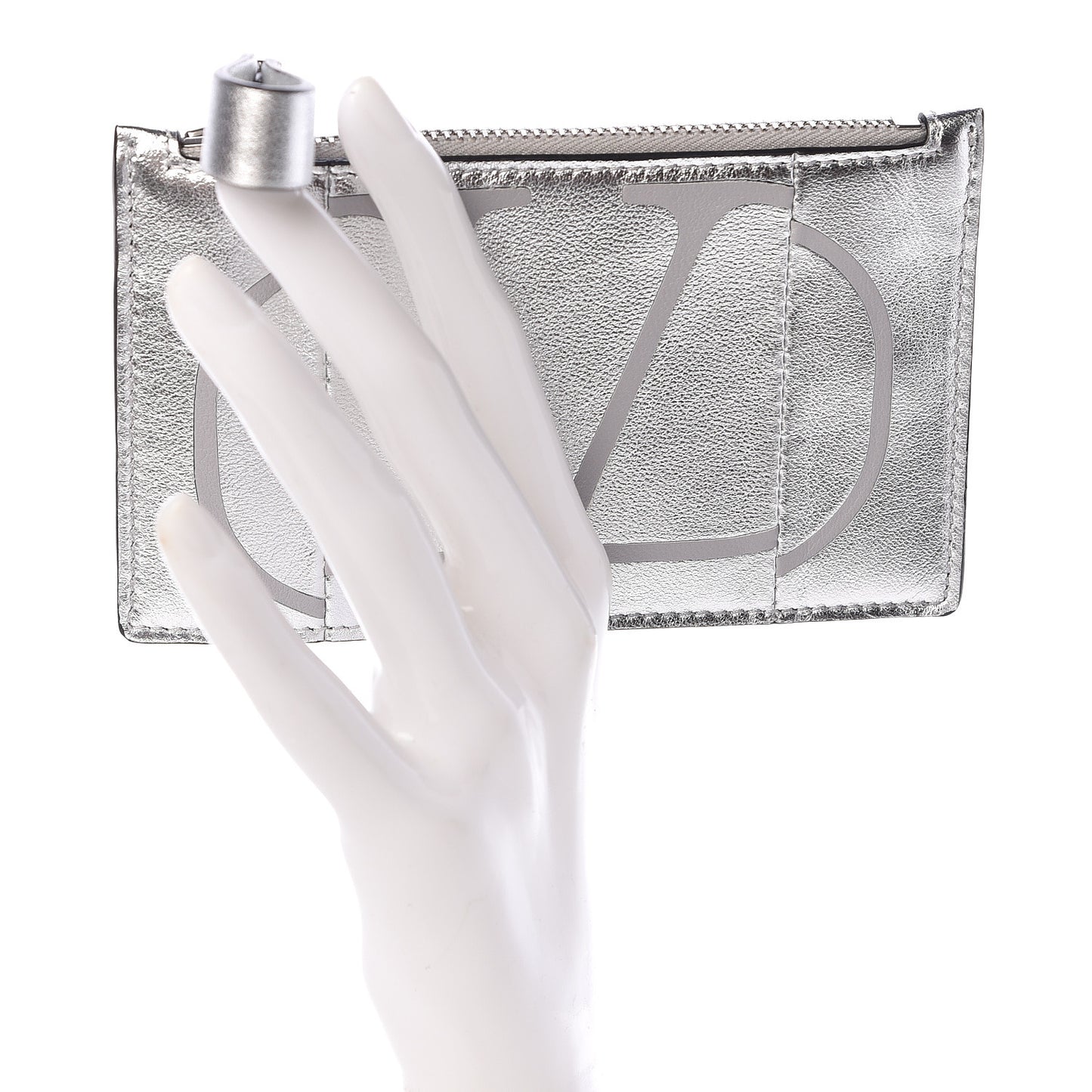 Metallic Calfskin Go Logo Coin Case Card Holder Silver