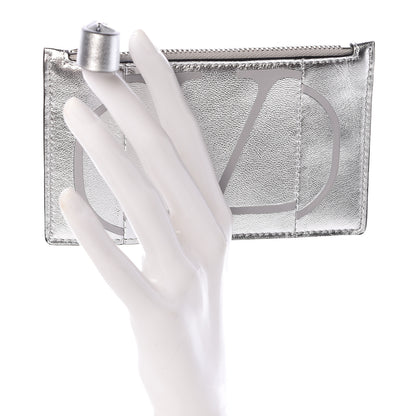 Valentino Garavani Metallic Calfskin Go Logo Coin Case Card Holder Silver 2 of 8