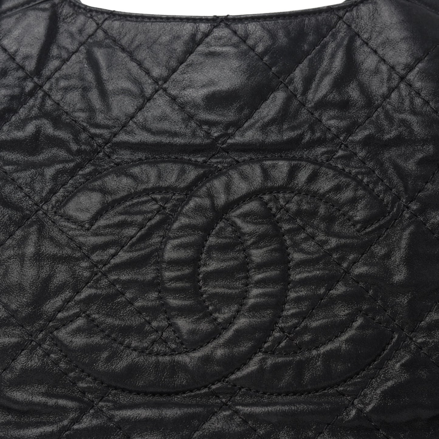 Iridescent Calfskin Stitched CC Shopping Tote Black