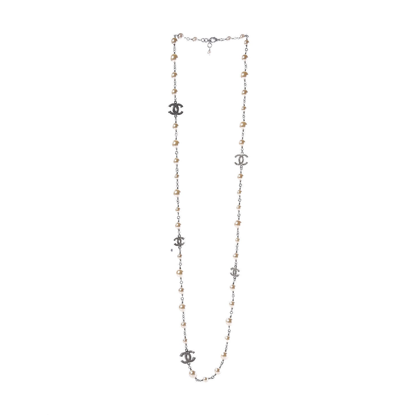 Crystal Pearl CC Long Necklace Silver