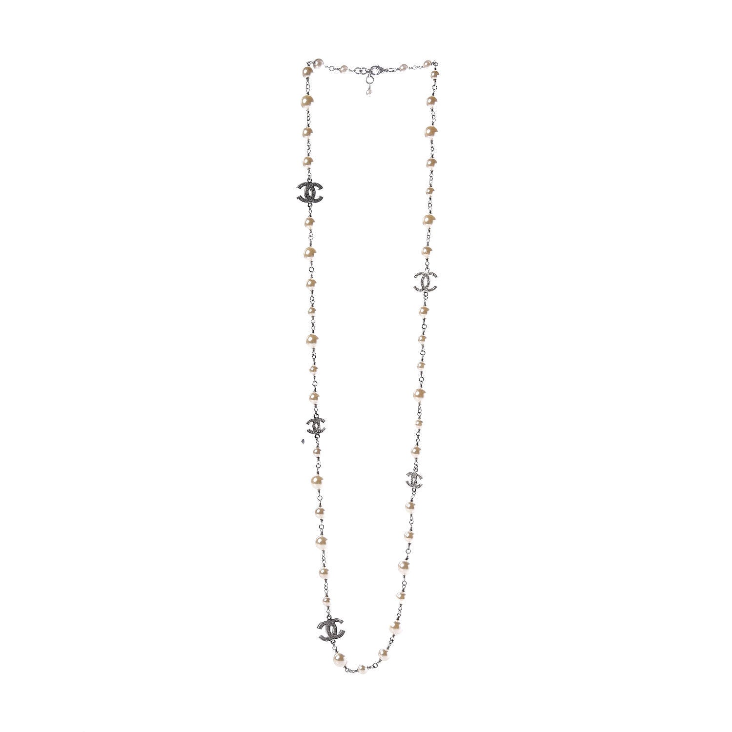Chanel Crystal Pearl CC Long Necklace Silver 3 of 7