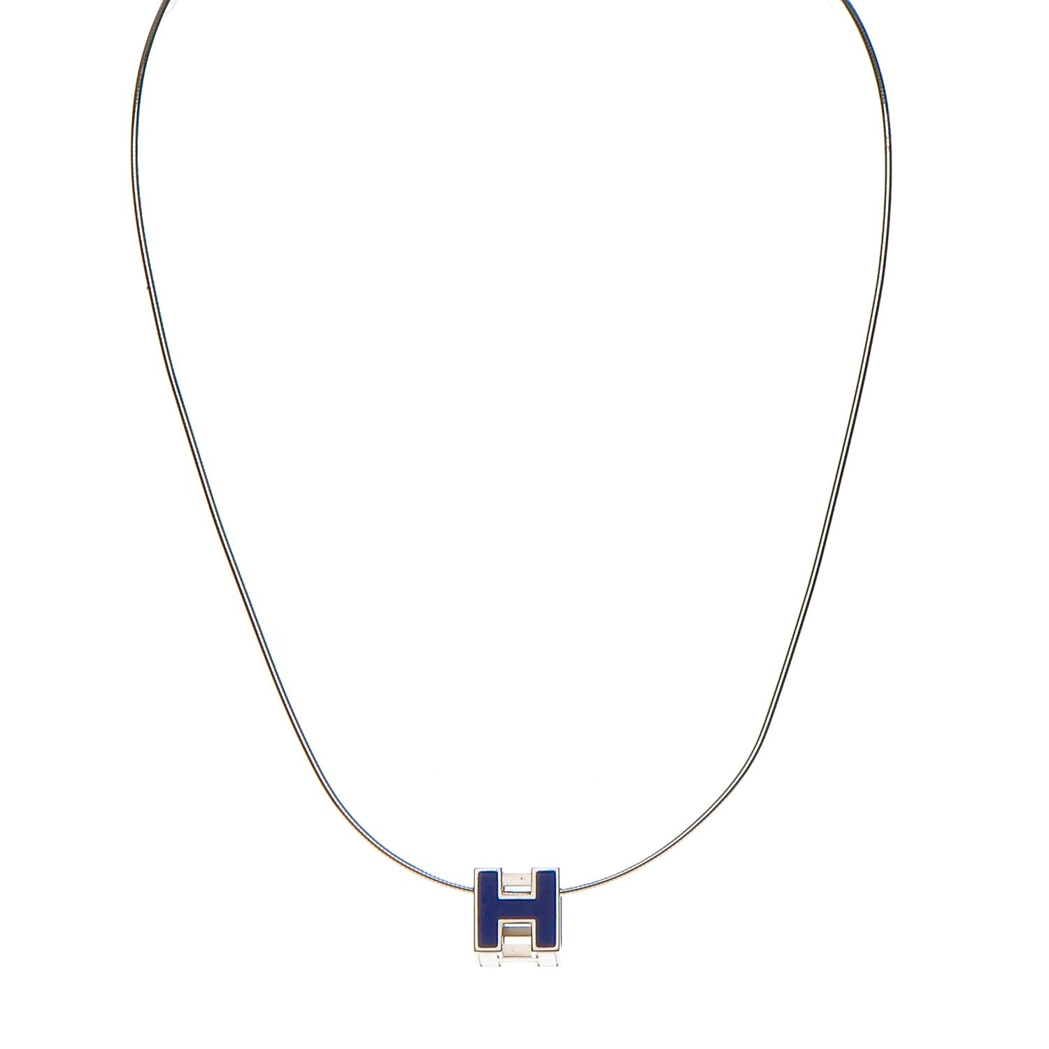 Hermes Lacquered Palladium Cage d'H Pendant Necklace Bleu 1 of 7