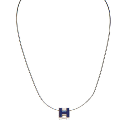 Hermes Lacquered Palladium Cage d'H Pendant Necklace Bleu 1 of 7