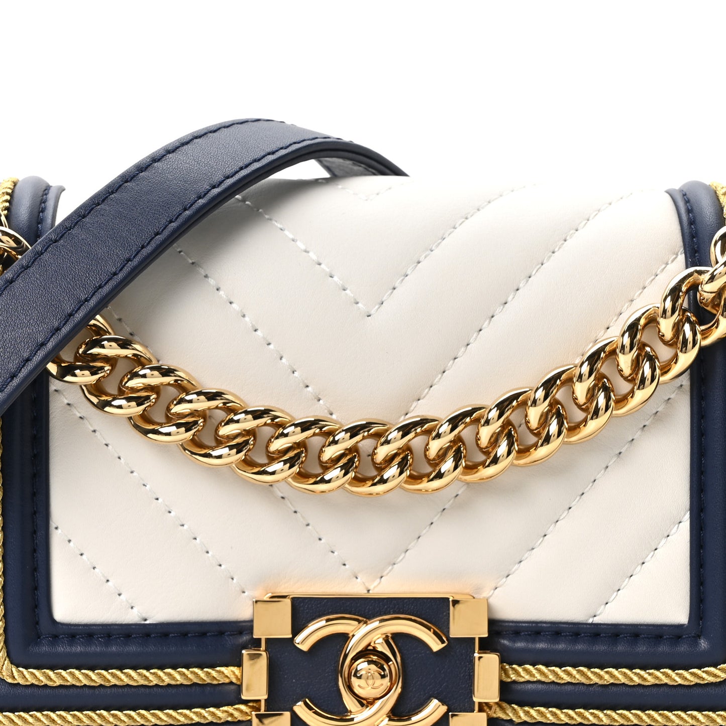 Calfskin Chevron Quilted Braided Small Boy Flap White Navy
