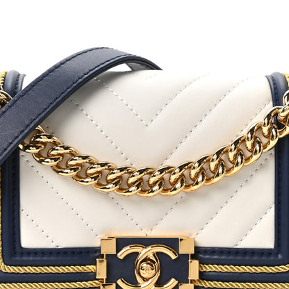 Chanel Calfskin Chevron Quilted Braided Small Boy Flap White Navy 8 of 11