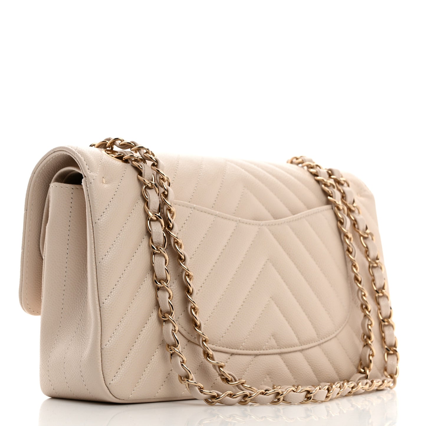 Caviar Chevron Quilted Medium Double Flap Beige