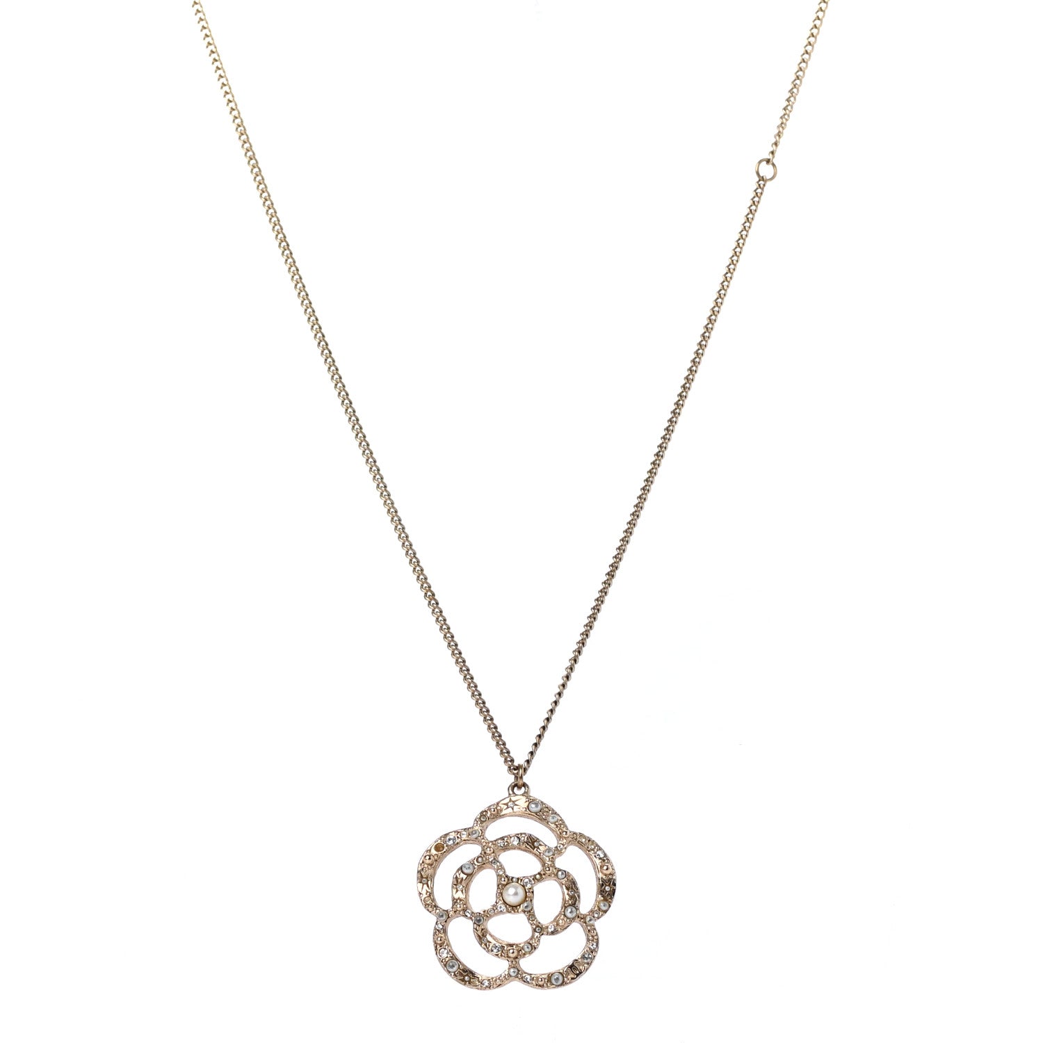 Chanel Crystal Pearl Camellia Necklace Gold 1 of 4