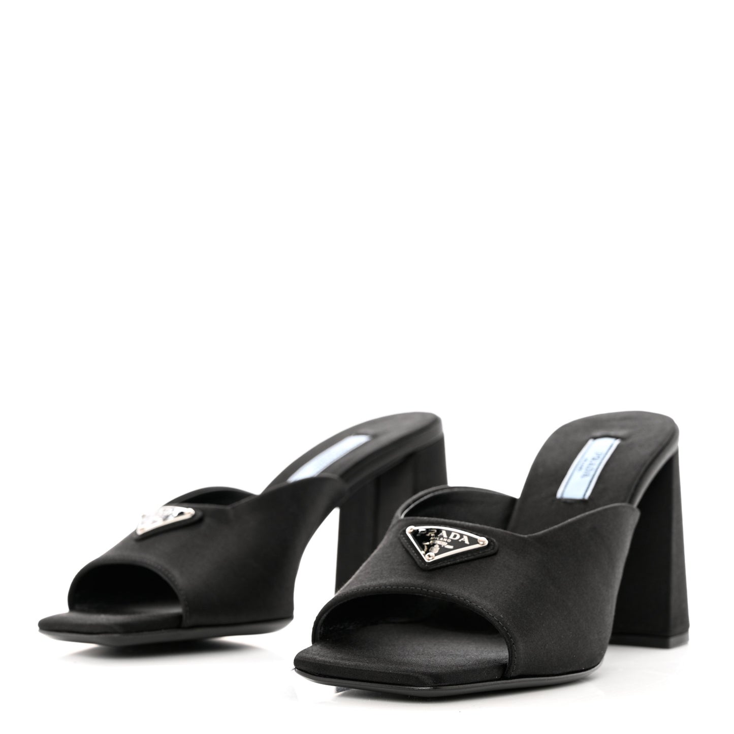 Satin Metal Triangle Logo 85mm Slide Sandals 37 Black