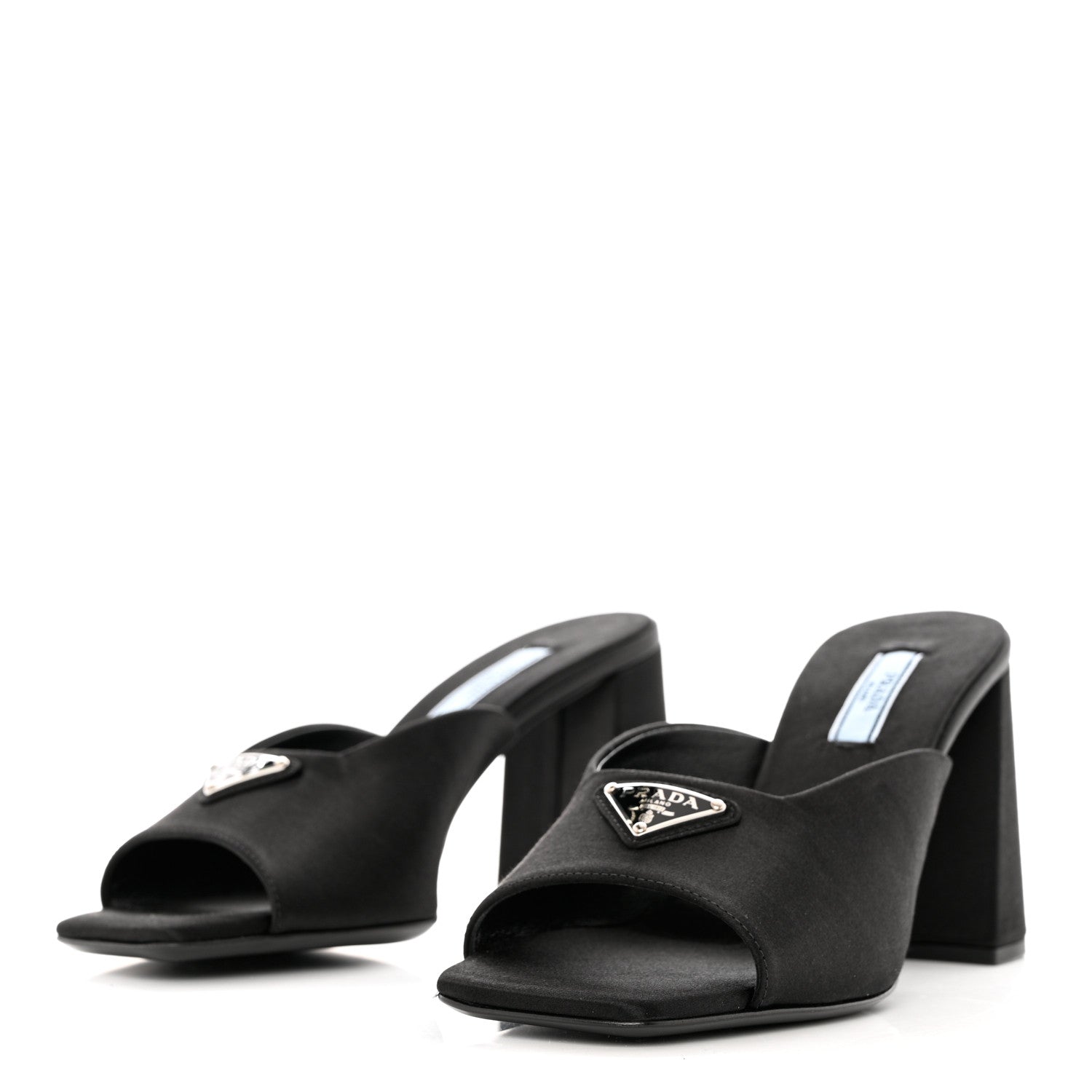 Prada Satin Metal Triangle Logo 85mm Slide Sandals 37 Black 3 of 8