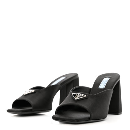 Prada Satin Metal Triangle Logo 85mm Slide Sandals 37 Black 3 of 8