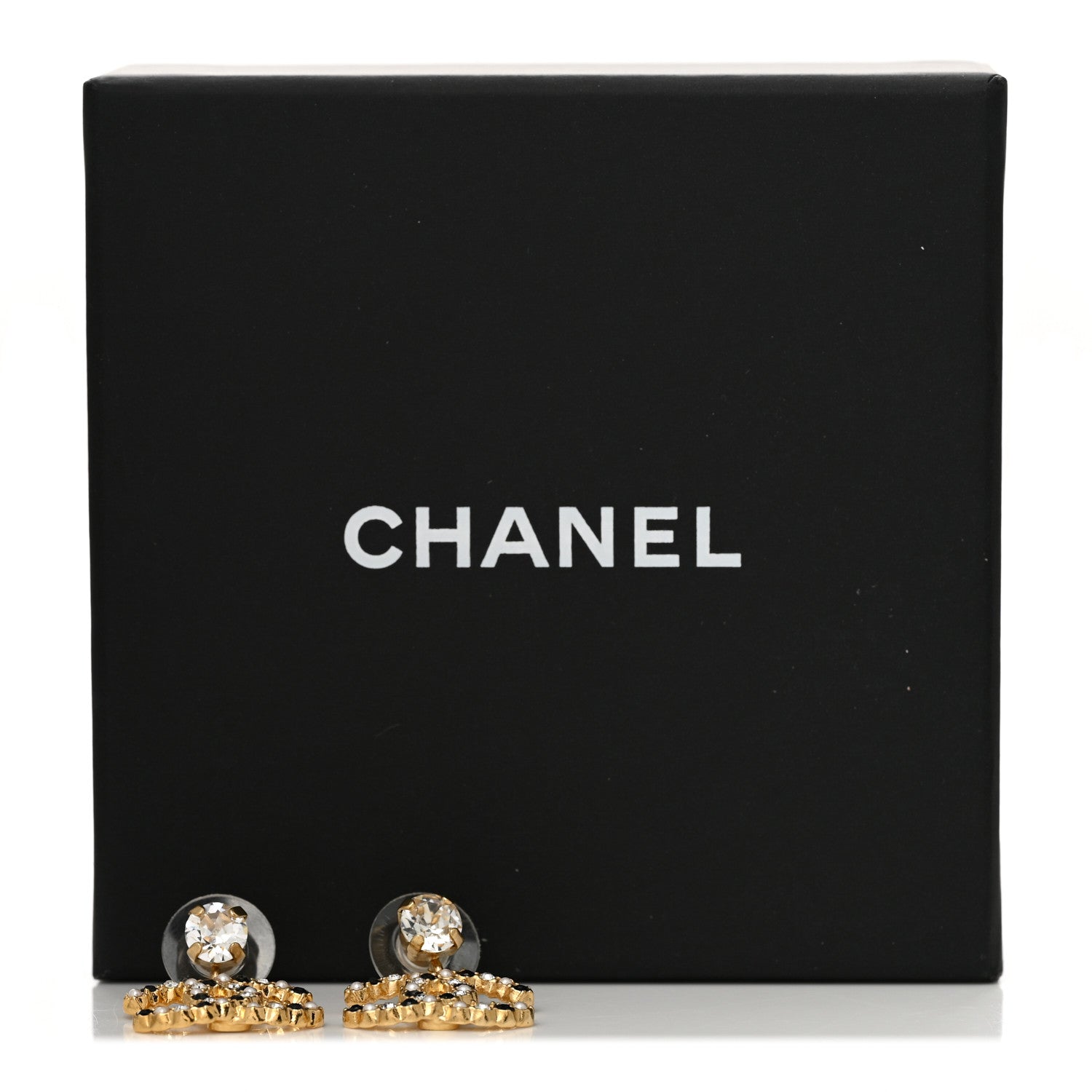 Chanel Resin Crystal Pearl CC Drop Earrings Gold Black 5 of 5