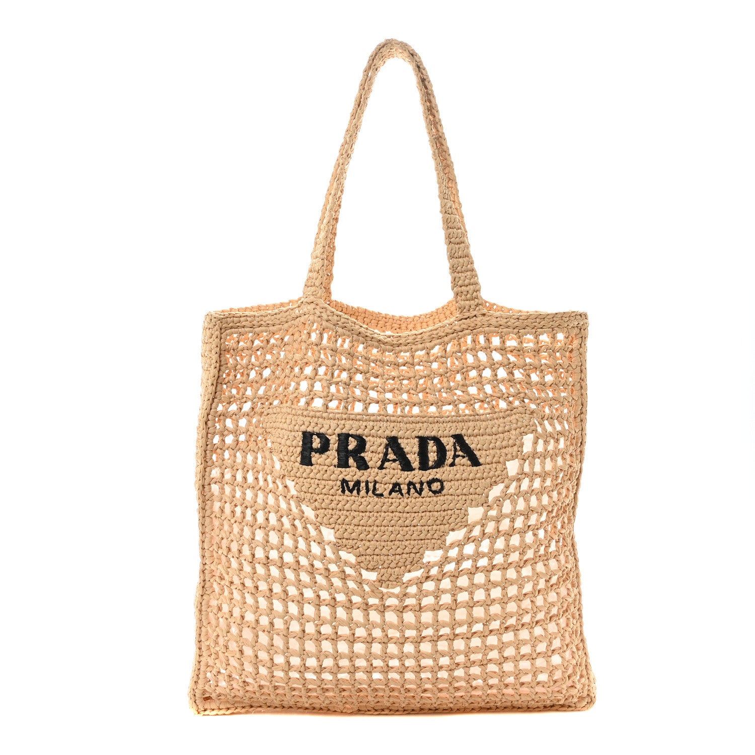 Prada Yarn Raffia Effect Crochet Logo Embroidered Tote Bag Naturale 1 of 9