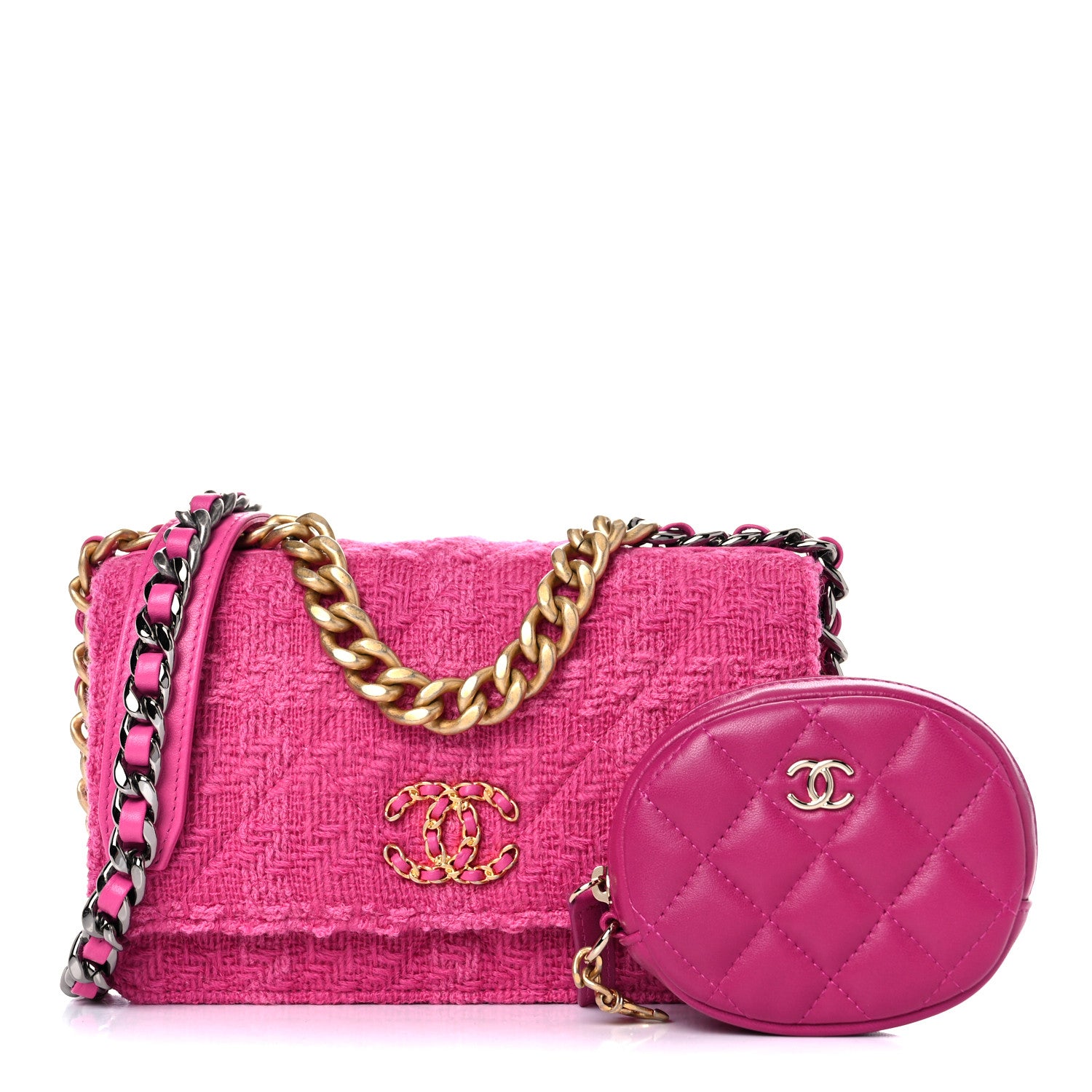 Chanel Wool Tweed Lambskin Quilted Chanel 19 Wallet On Chain WOC and Coin Purse Fuchsia 1 of 12