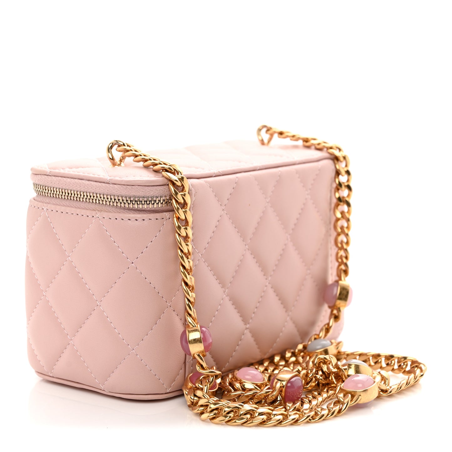 Lambskin Quilted Pearl Enamel Small Vanity Case With Chain Light Pink