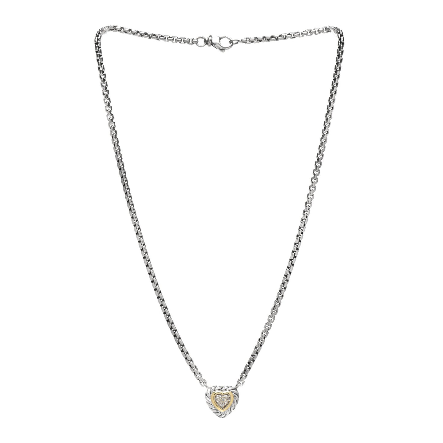 Sterling Silver 18K Yellow Gold Diamond Pave Cable Heart Pendant Necklace