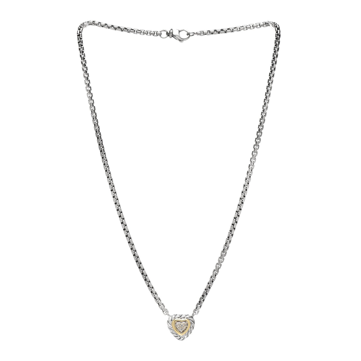 David Yurman Sterling Silver 18K Yellow Gold Diamond Pave Cable Heart Pendant Necklace 3 of 4