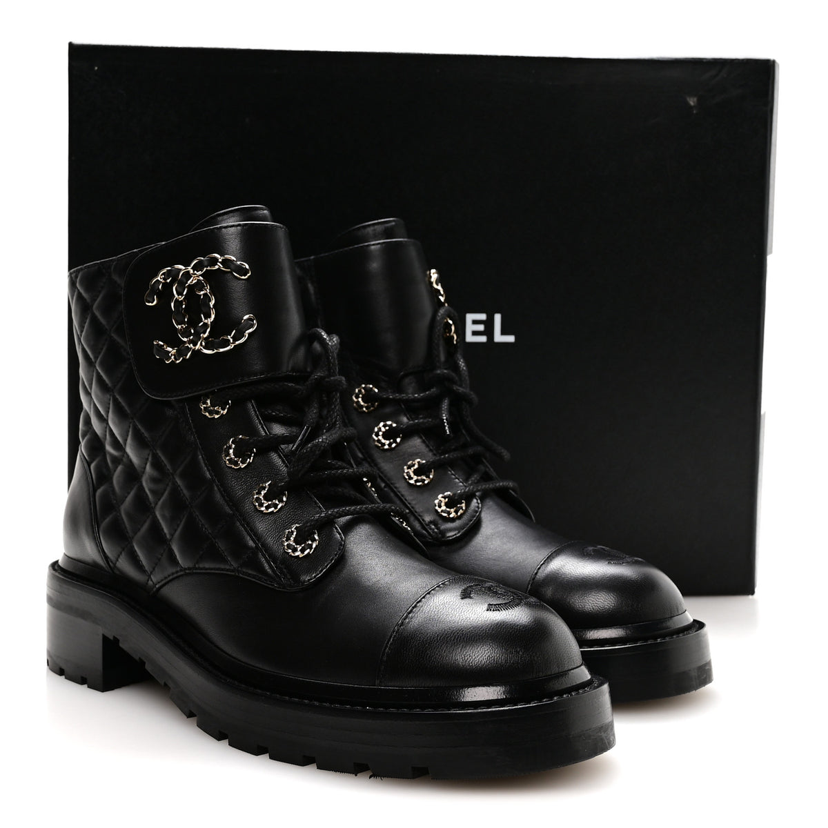 Chanel Shiny Lambskin Quilted Lace Up Combat Boots 38.5 Black 9 of 9